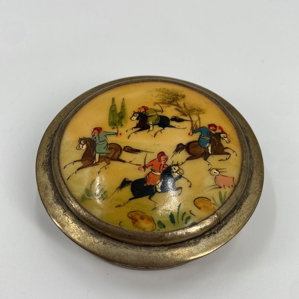 Vintage Round Brass Pill Box With Miniature Persian Painting